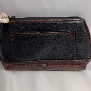 Brighton Black and Brown Leather Zippered Clutch Coin Purse Wallet Heart Charms